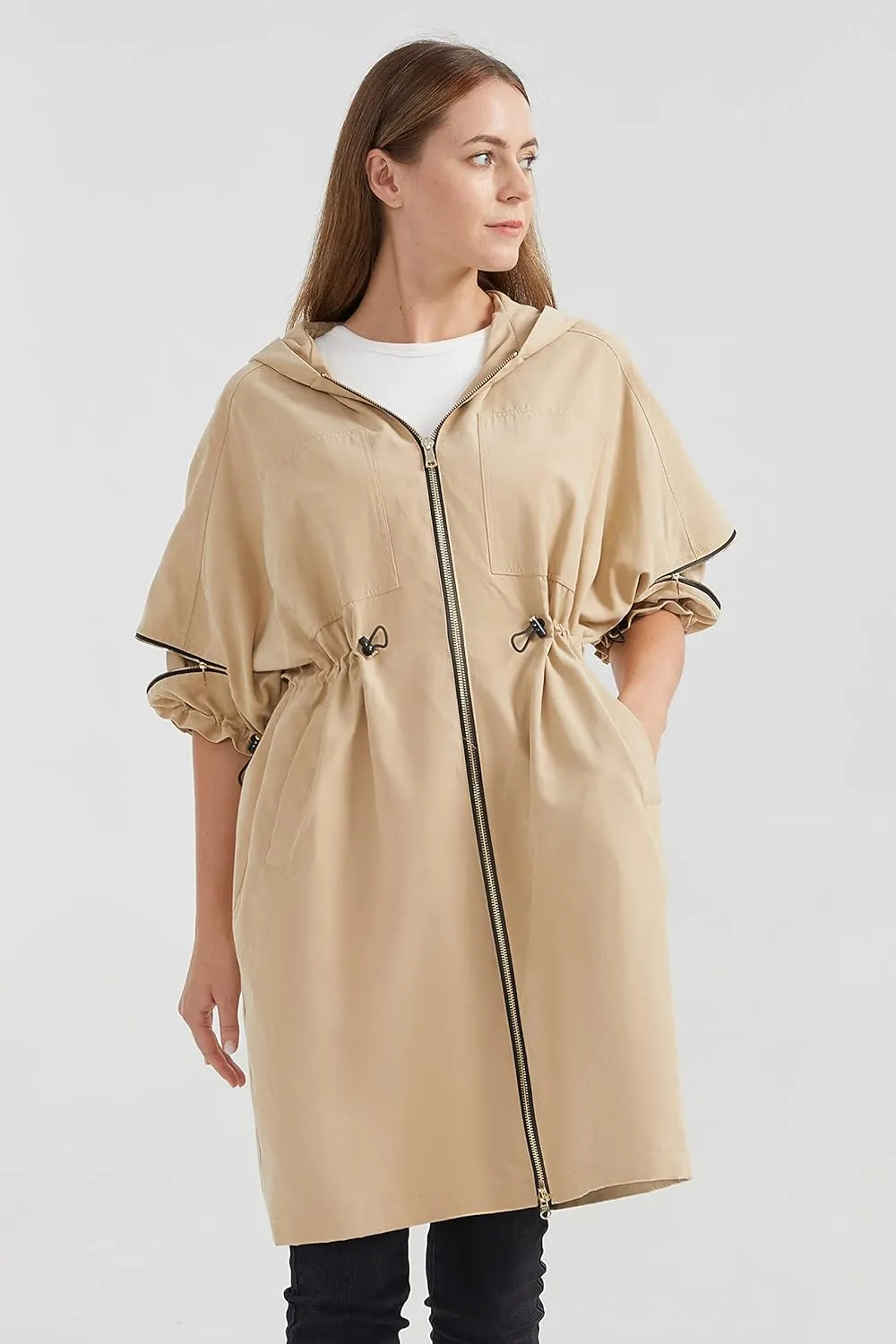 Orolay Women's Half Sleeve Trench Coat Mid-Length Hooded Coat Zipper Closure