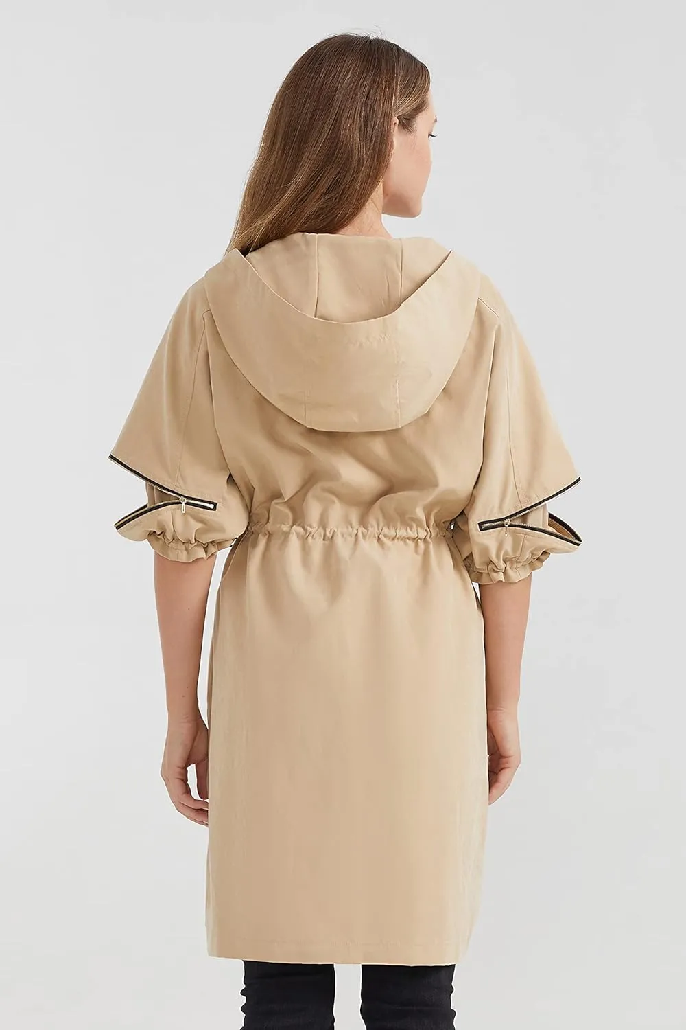 Orolay Women's Half Sleeve Trench Coat Mid-Length Hooded Coat Zipper Closure