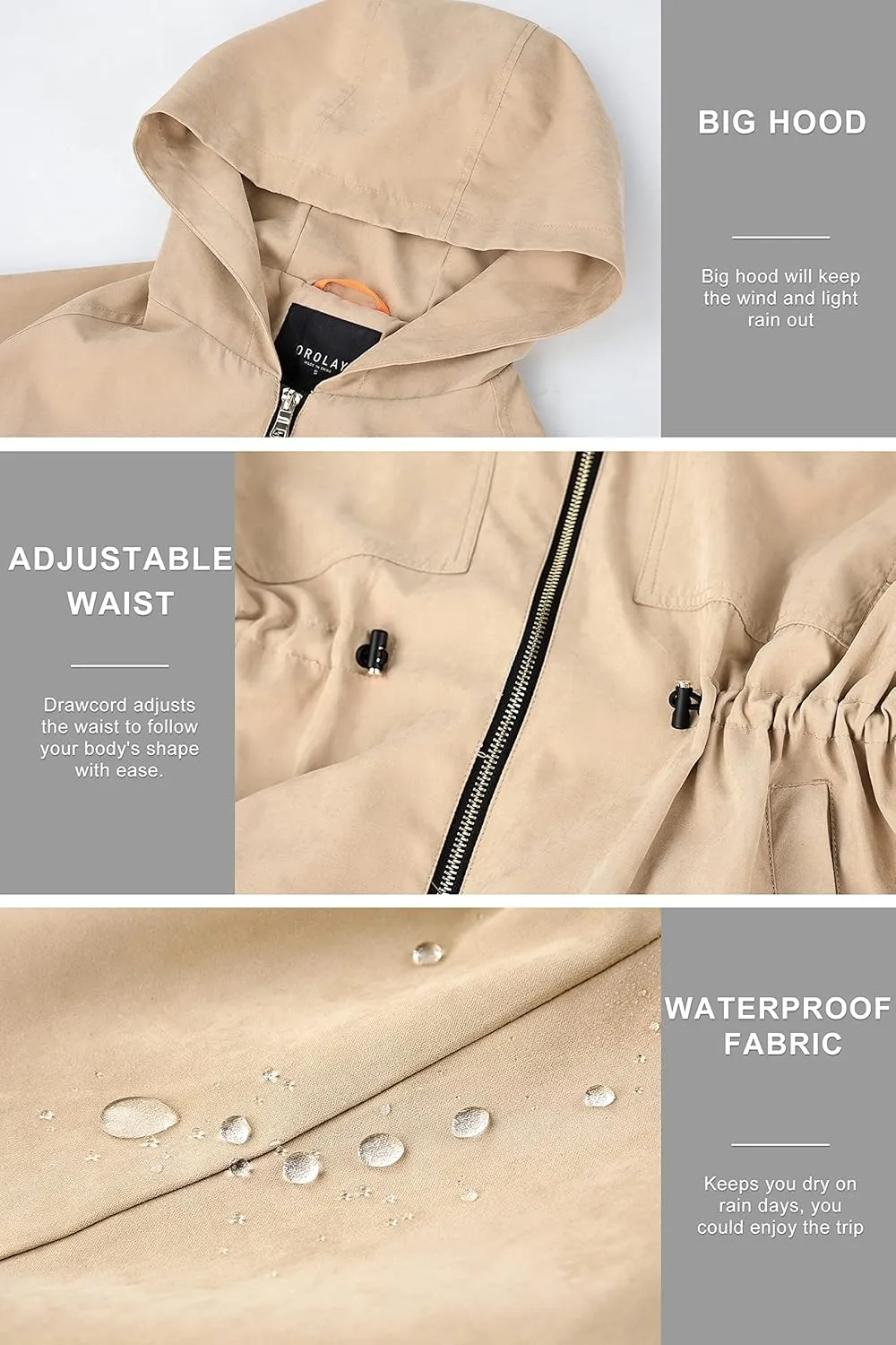 Orolay Women's Half Sleeve Trench Coat Mid-Length Hooded Coat Zipper Closure