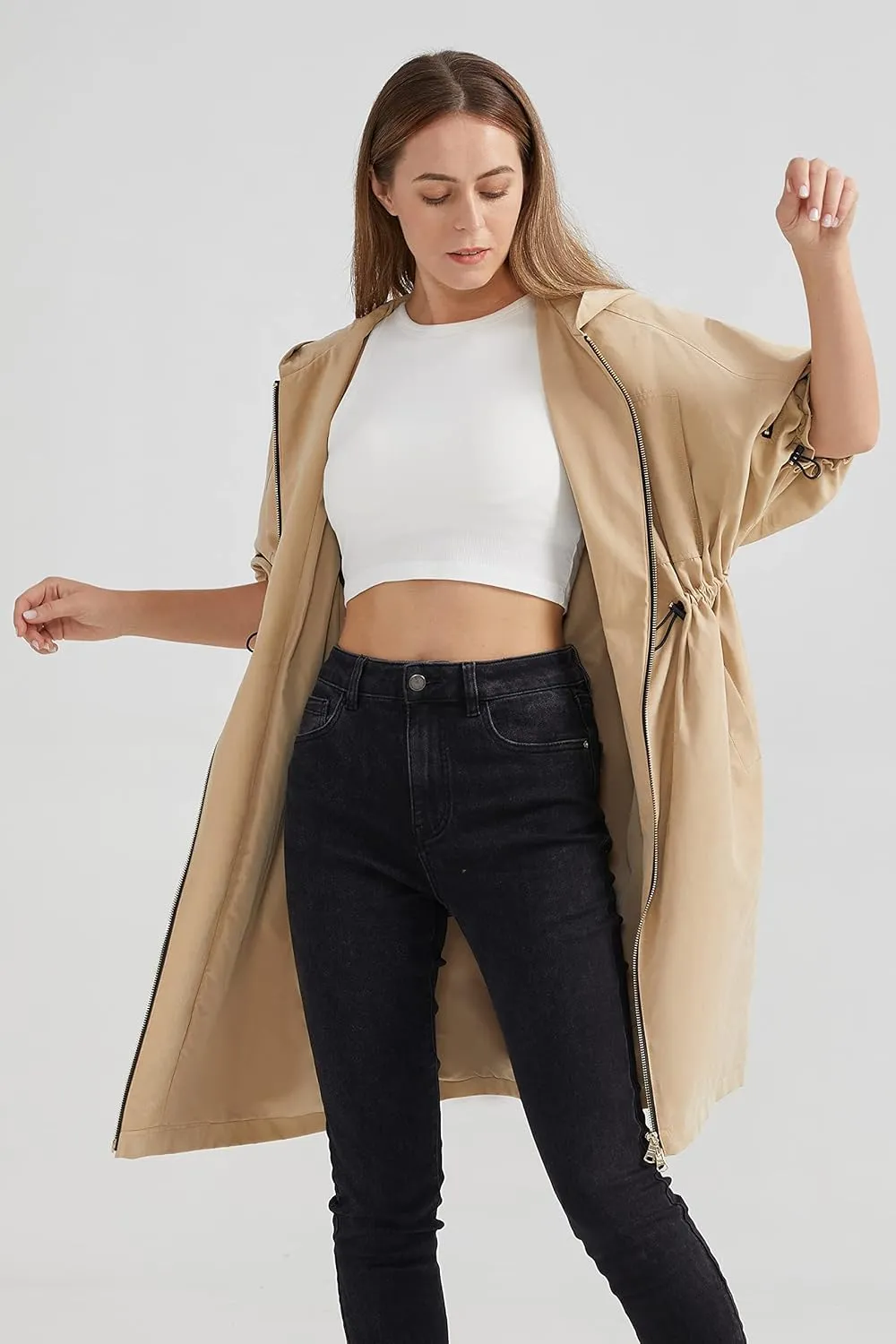 Orolay Women's Half Sleeve Trench Coat Mid-Length Hooded Coat Zipper Closure