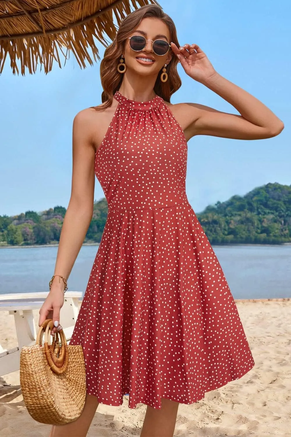 OUGES Women's Halter Neck Floral Summer Casual Sundress