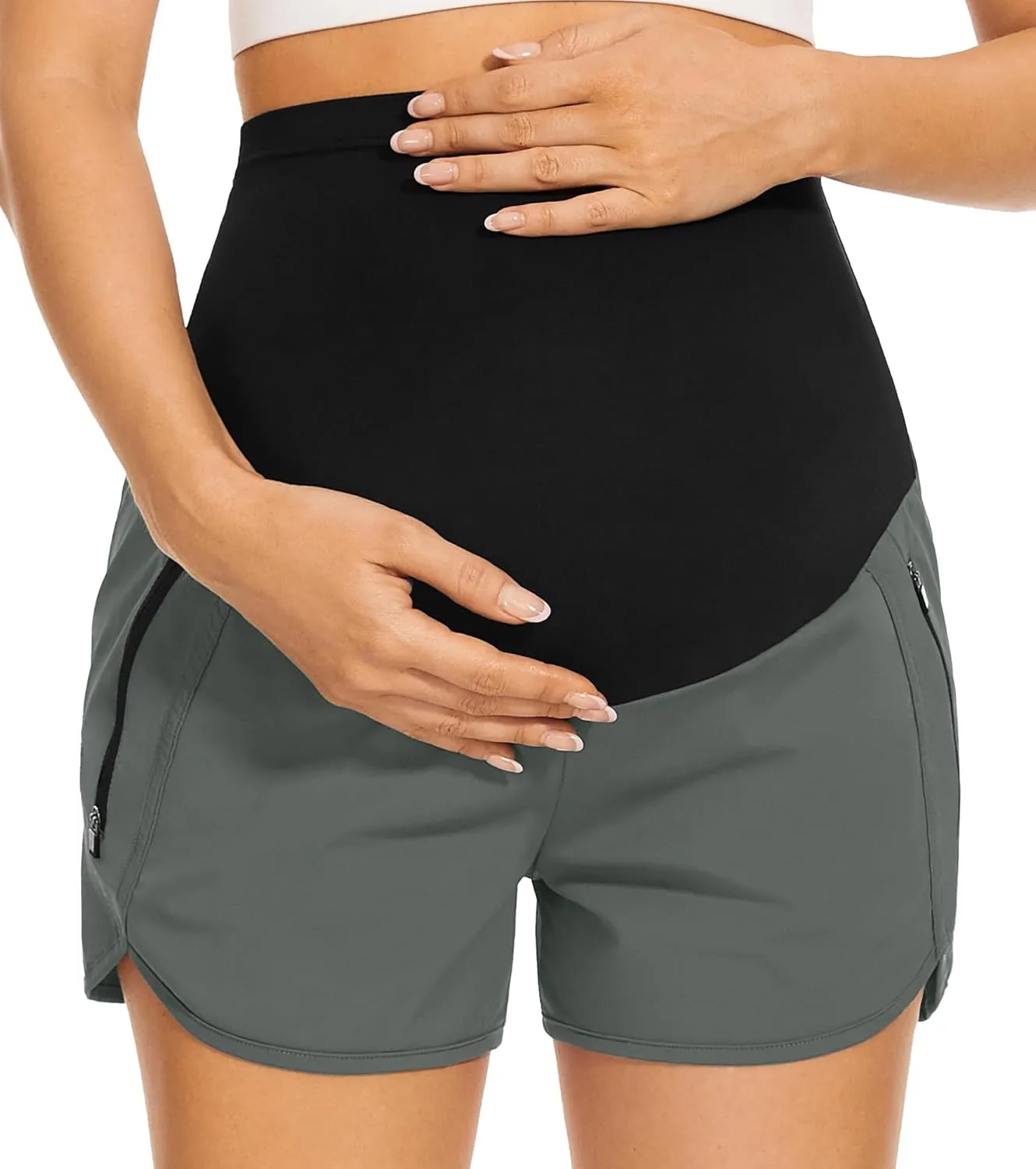 PACBREEZE Women's Maternity Shorts Over Belly Quick Dry Workout Athletic Running Shorts with Zipper Pockets