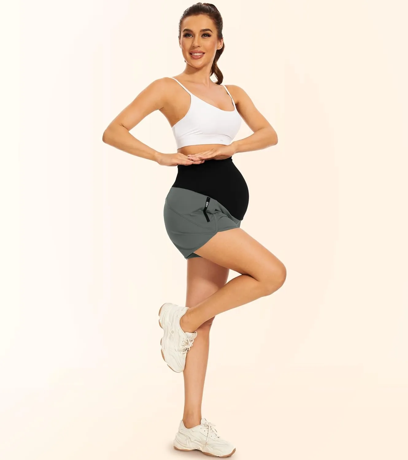 PACBREEZE Women's Maternity Shorts Over Belly Quick Dry Workout Athletic Running Shorts with Zipper Pockets
