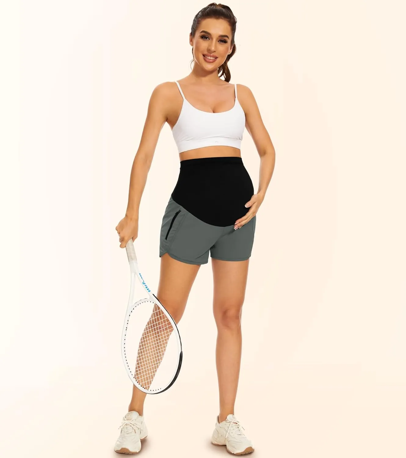 PACBREEZE Women's Maternity Shorts Over Belly Quick Dry Workout Athletic Running Shorts with Zipper Pockets