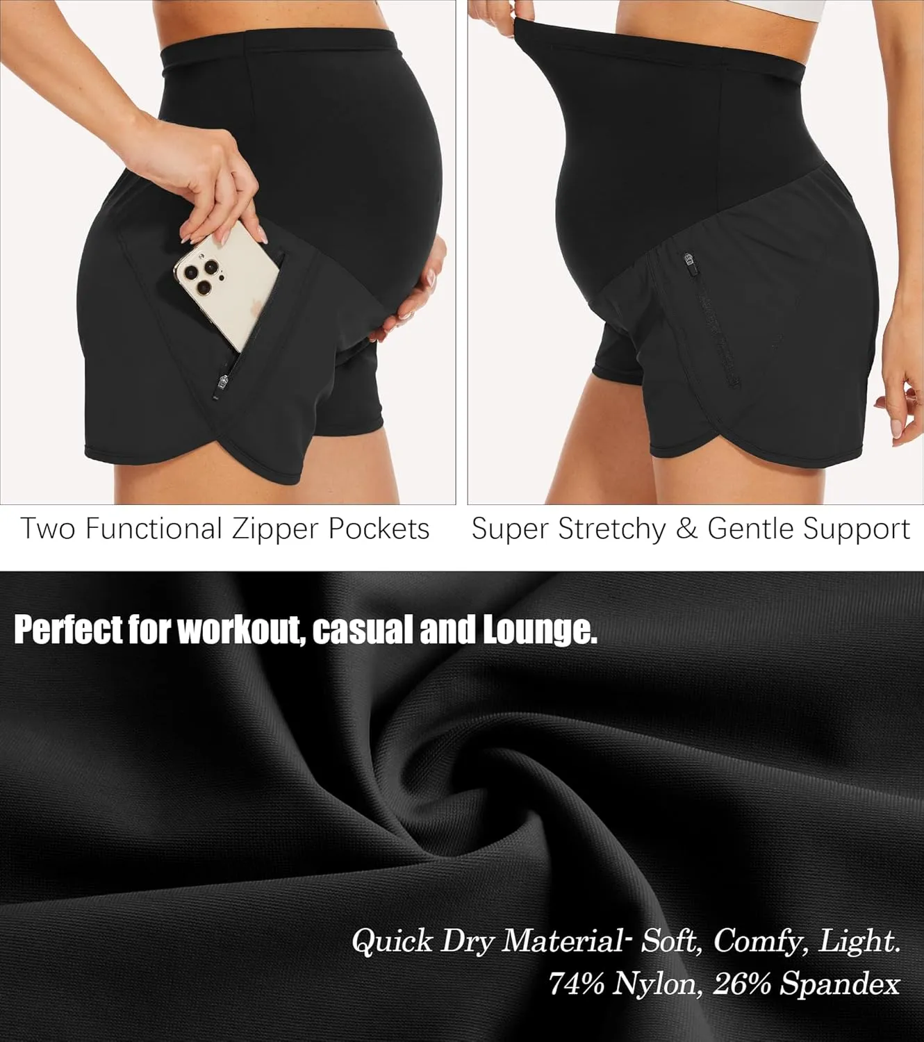 PACBREEZE Women's Maternity Shorts Over Belly Quick Dry Workout Athletic Running Shorts with Zipper Pockets