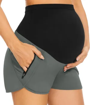 PACBREEZE Women's Maternity Shorts Over Belly Quick Dry Workout Athletic Running Shorts with Zipper Pockets