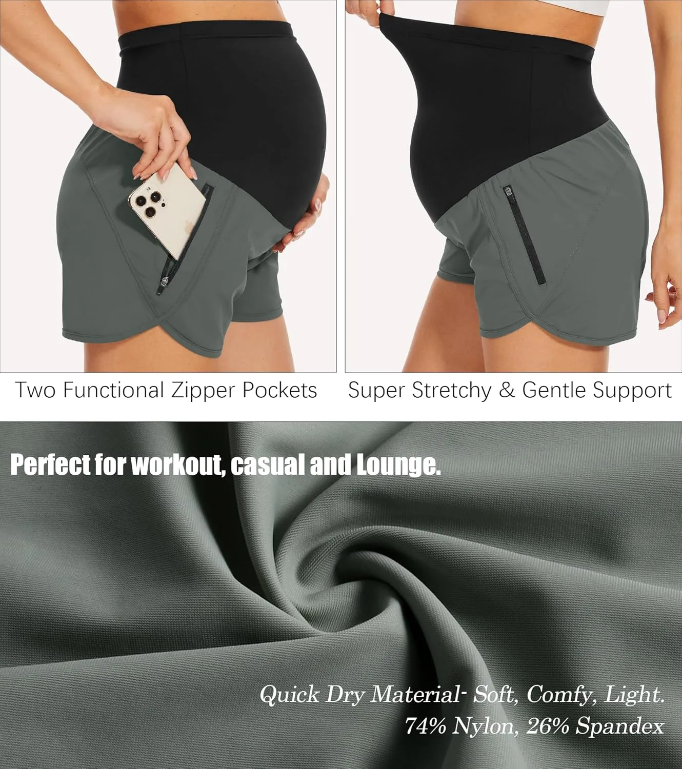 PACBREEZE Women's Maternity Shorts Over Belly Quick Dry Workout Athletic Running Shorts with Zipper Pockets