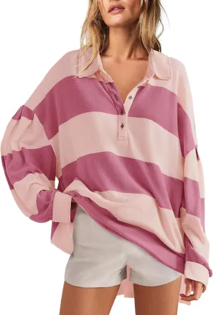 Panadila Womens Long Sleeve Striped Shirt Oversized Polo Shirts Casual V Neck T Shirt Loose Fit Tunic Tops