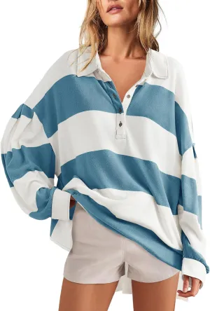 Panadila Womens Long Sleeve Striped Shirt Oversized Polo Shirts Casual V Neck T Shirt Loose Fit Tunic Tops