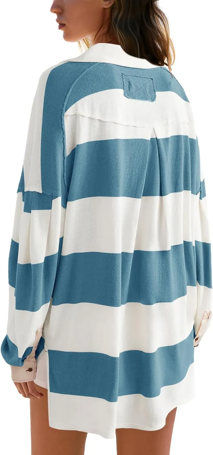 Panadila Womens Long Sleeve Striped Shirt Oversized Polo Shirts Casual V Neck T Shirt Loose Fit Tunic Tops
