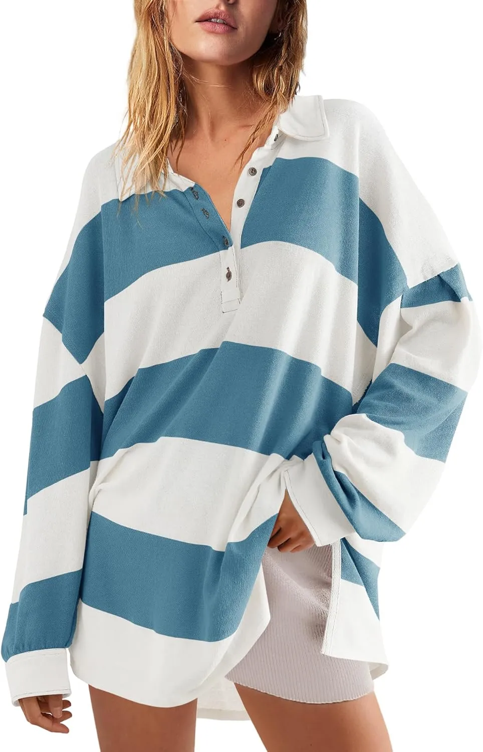 Panadila Womens Long Sleeve Striped Shirt Oversized Polo Shirts Casual V Neck T Shirt Loose Fit Tunic Tops