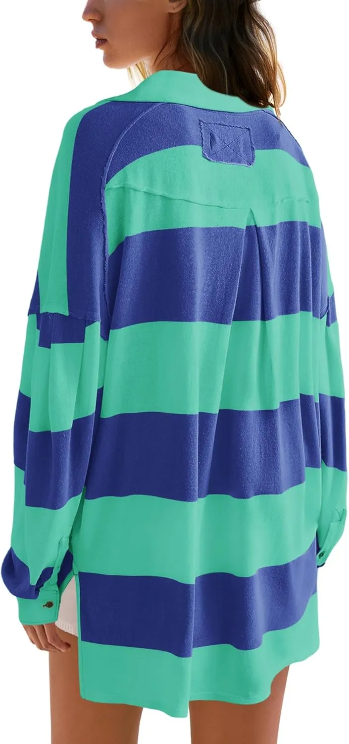 Panadila Womens Long Sleeve Striped Shirt Oversized Polo Shirts Casual V Neck T Shirt Loose Fit Tunic Tops