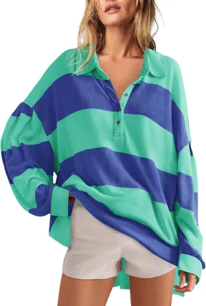 Panadila Womens Long Sleeve Striped Shirt Oversized Polo Shirts Casual V Neck T Shirt Loose Fit Tunic Tops