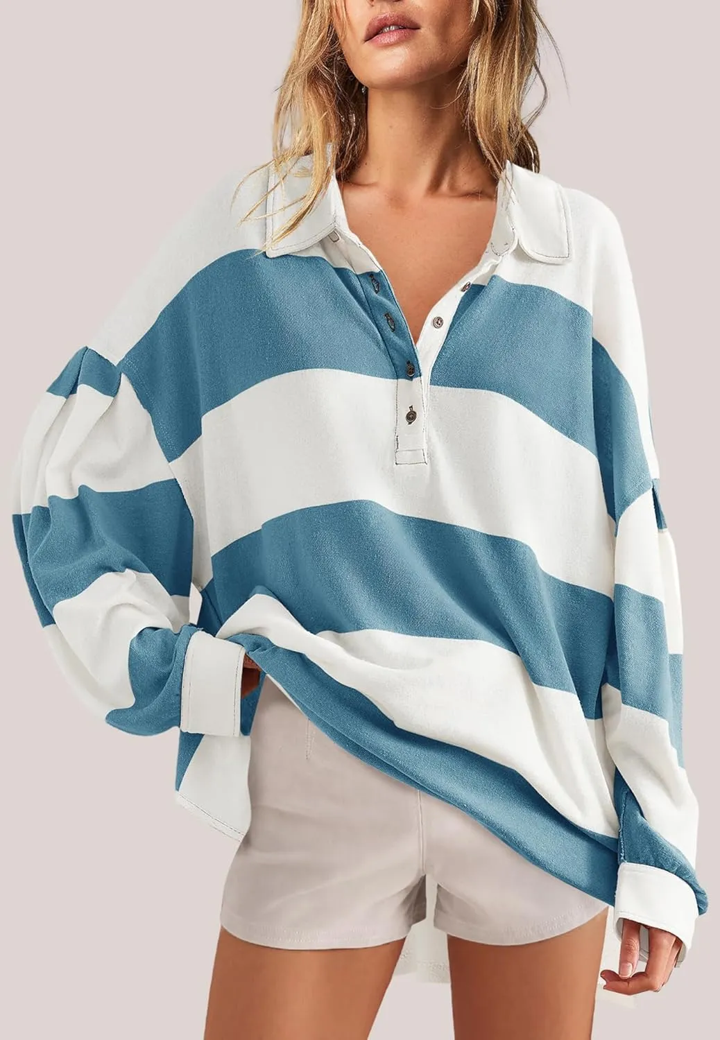 Panadila Womens Long Sleeve Striped Shirt Oversized Polo Shirts Casual V Neck T Shirt Loose Fit Tunic Tops