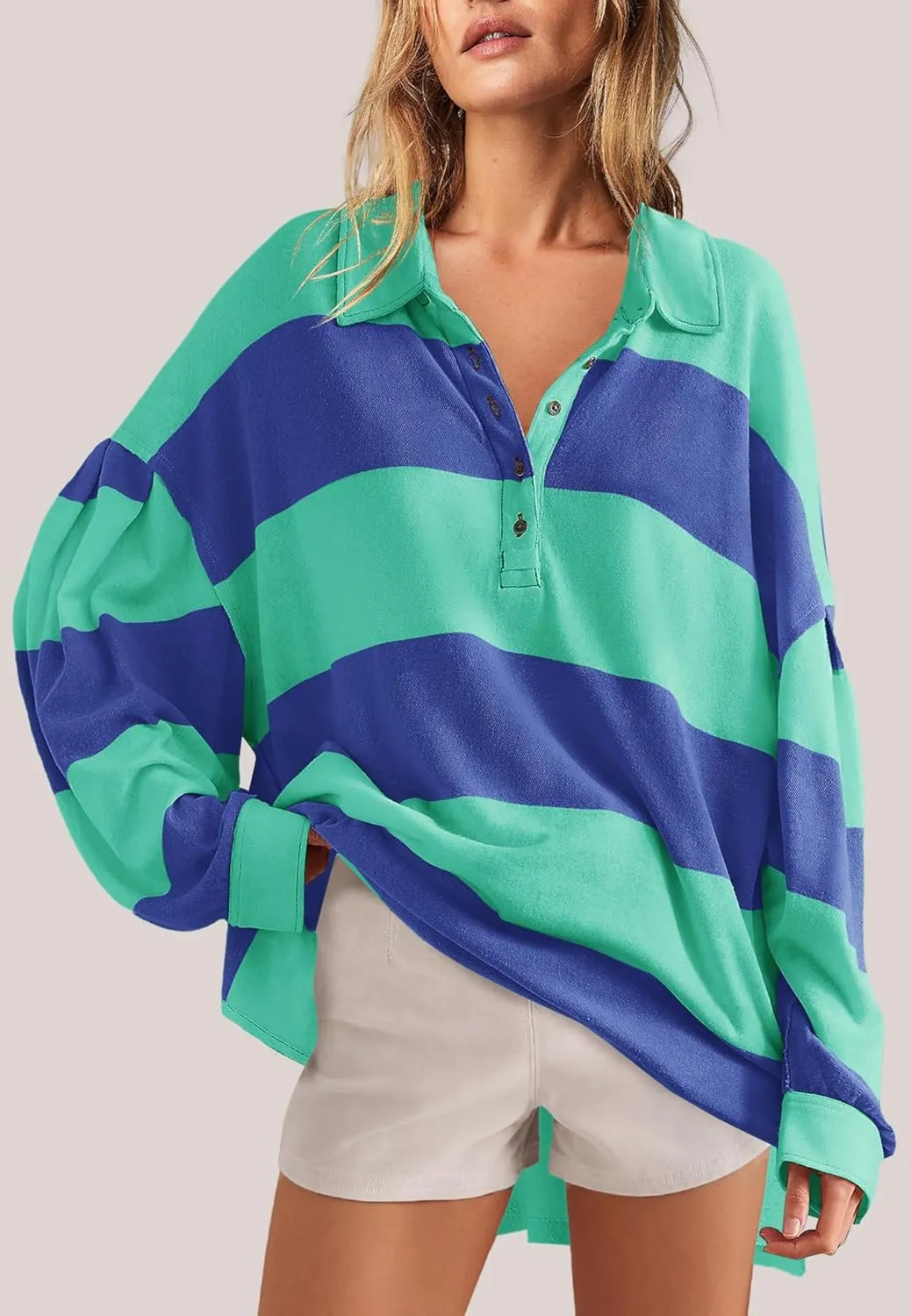 Panadila Womens Long Sleeve Striped Shirt Oversized Polo Shirts Casual V Neck T Shirt Loose Fit Tunic Tops