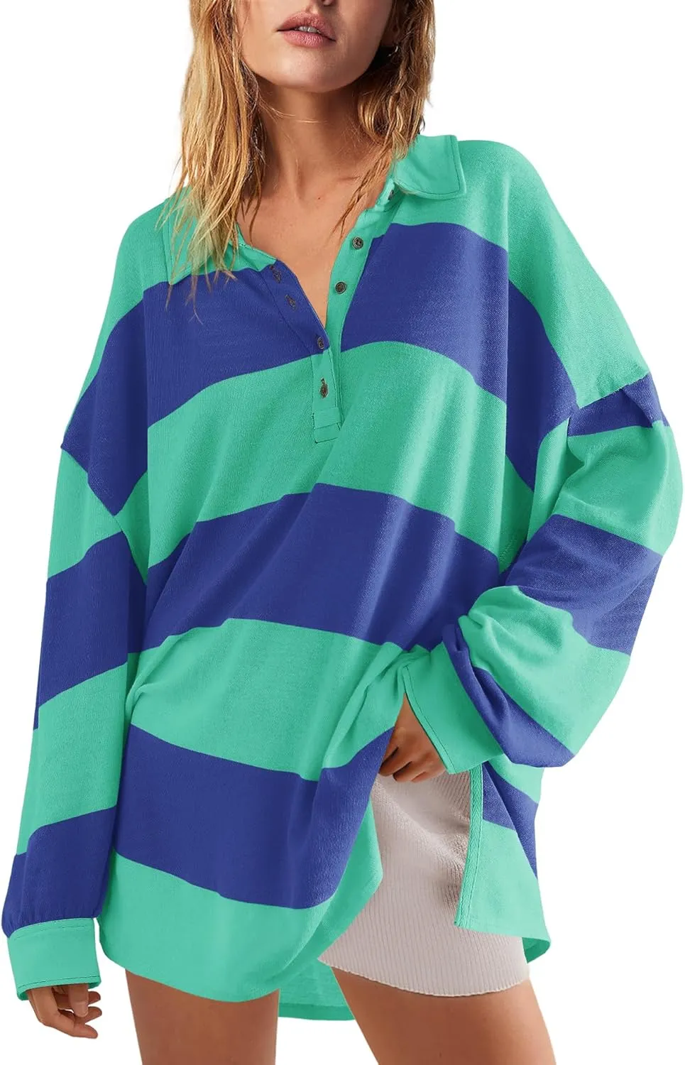 Panadila Womens Long Sleeve Striped Shirt Oversized Polo Shirts Casual V Neck T Shirt Loose Fit Tunic Tops