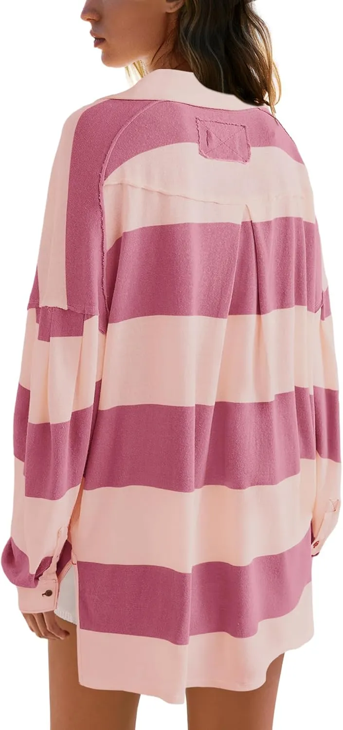 Panadila Womens Long Sleeve Striped Shirt Oversized Polo Shirts Casual V Neck T Shirt Loose Fit Tunic Tops