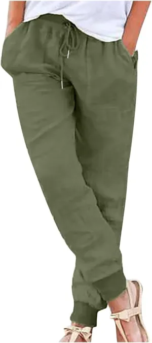 Pants for Women Tapered Leg Elastic Waist Linen Pants Jogger Cotton Linen Trendy Comfy Palazzo Trousers with Pockets