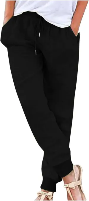 Pants for Women Tapered Leg Elastic Waist Linen Pants Jogger Cotton Linen Trendy Comfy Palazzo Trousers with Pockets