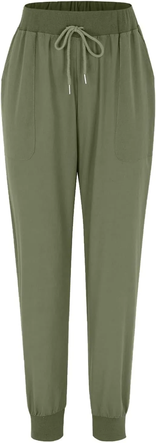 Pants for Women Tapered Leg Elastic Waist Linen Pants Jogger Cotton Linen Trendy Comfy Palazzo Trousers with Pockets