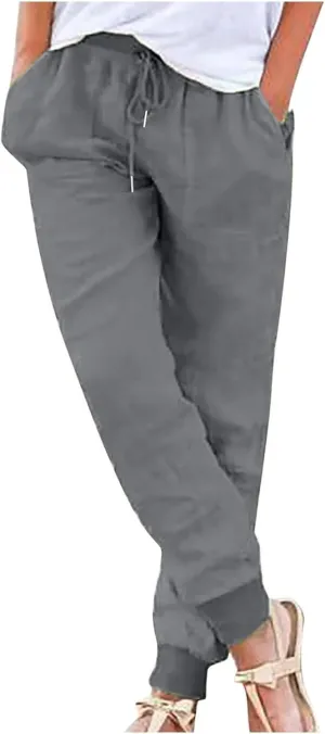 Pants for Women Tapered Leg Elastic Waist Linen Pants Jogger Cotton Linen Trendy Comfy Palazzo Trousers with Pockets