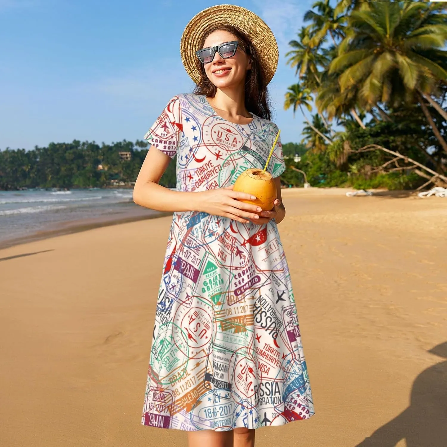 Passport Stamp Print Summer Dresses for Women Casual Tshirt Short Sleeve Sundress Beach Cover