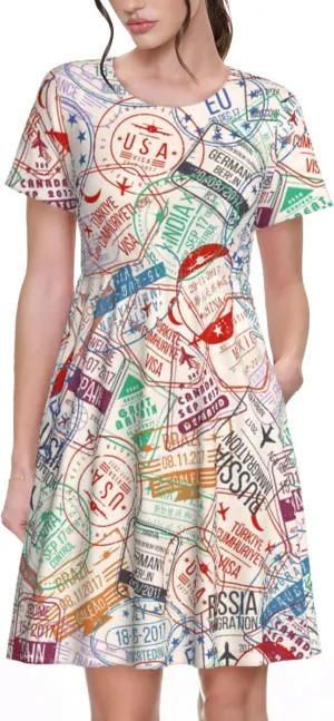 Passport Stamp Print Summer Dresses for Women Casual Tshirt Short Sleeve Sundress Beach Cover