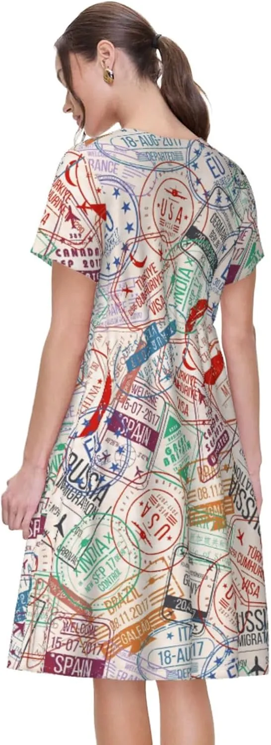Passport Stamp Print Summer Dresses for Women Casual Tshirt Short Sleeve Sundress Beach Cover