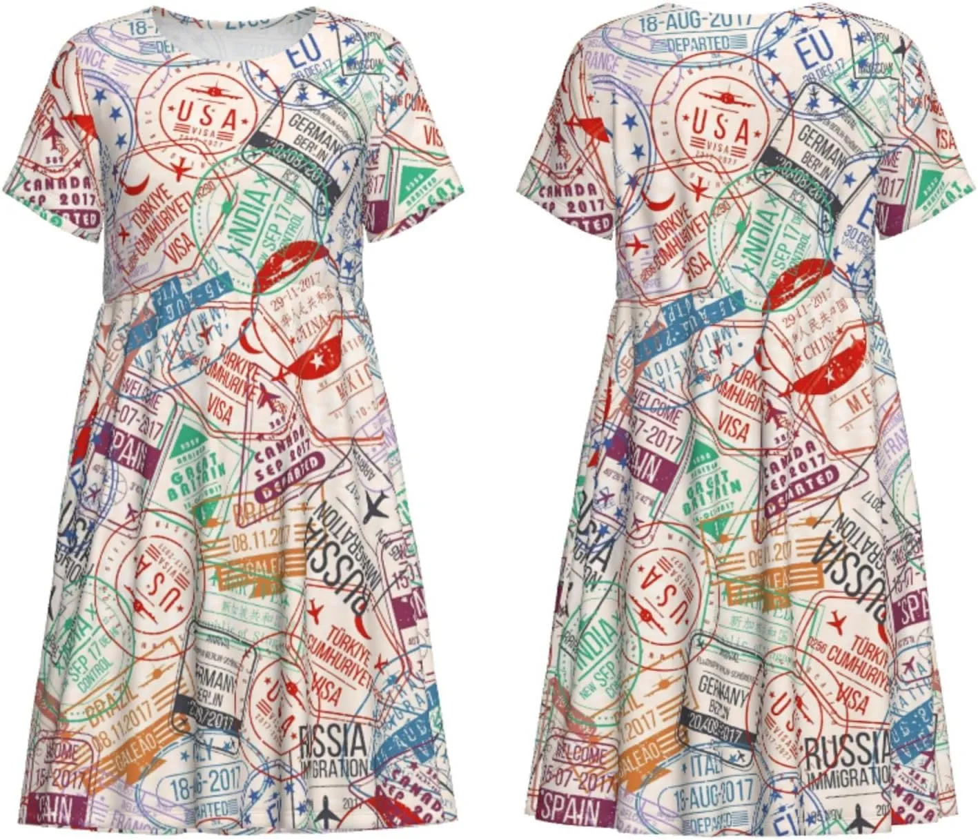 Passport Stamp Print Summer Dresses for Women Casual Tshirt Short Sleeve Sundress Beach Cover