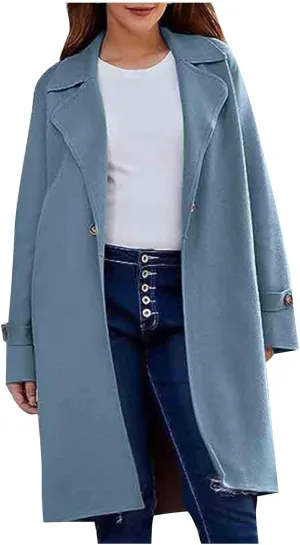 Pea Coats for Women Notch Collar Single Breasted Mid-Long Trench Coat Essential Winter Warm Casual Woolen Overcoat