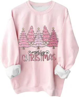 Pink Christmas Sweatshirts for Women Funny Cute Gnomes Santa Oversized Long Sleeve Shirts Vacation Pullovers Xmas Gift