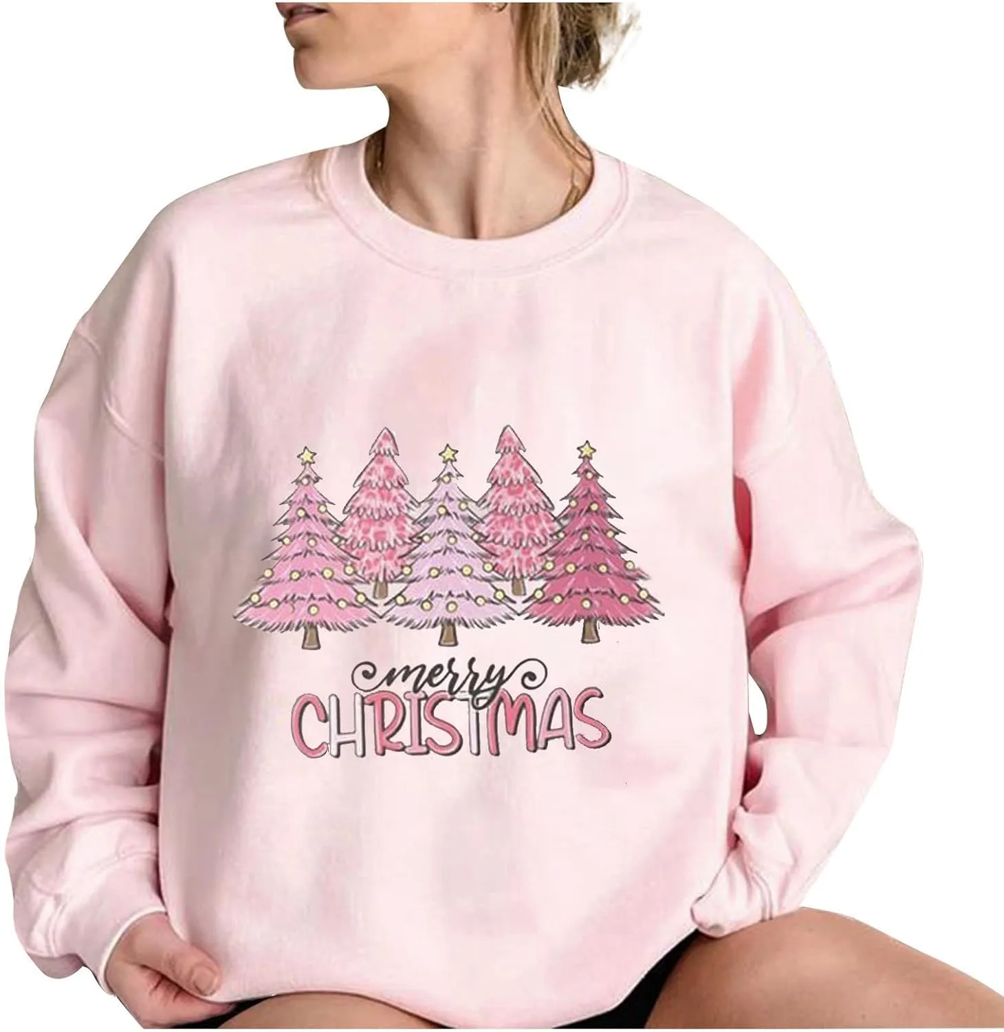 Pink Christmas Sweatshirts for Women Funny Cute Gnomes Santa Oversized Long Sleeve Shirts Vacation Pullovers Xmas Gift