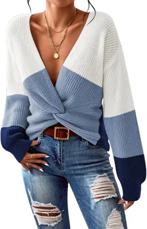 Pink Queen Women's 2024 Casual Pullover Sweaters Sexy V Neck Long Sleeve Twist Knot Cropped Knit Sweater Tops