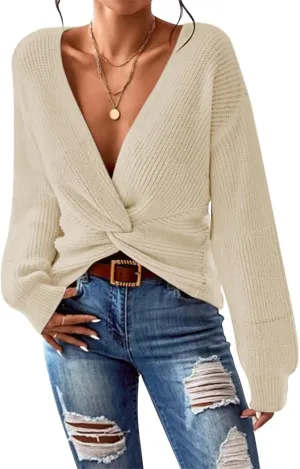 Pink Queen Women's 2024 Casual Pullover Sweaters Sexy V Neck Long Sleeve Twist Knot Cropped Knit Sweater Tops