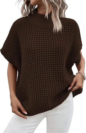 Pink Queen Women's Mock Neck Batwing Short Sleeve Loose Oversized Knit Pullover Sweater Jumper Tops
