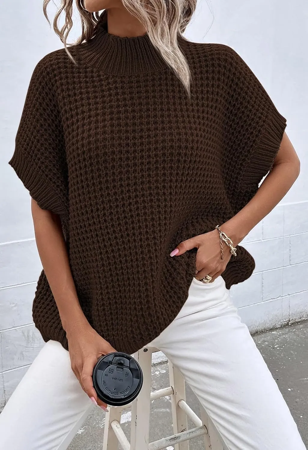 Pink Queen Women's Mock Neck Batwing Short Sleeve Loose Oversized Knit Pullover Sweater Jumper Tops