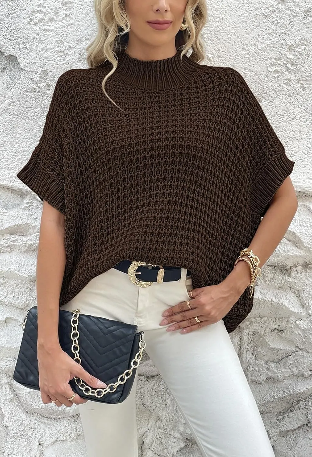 Pink Queen Women's Mock Neck Batwing Short Sleeve Loose Oversized Knit Pullover Sweater Jumper Tops