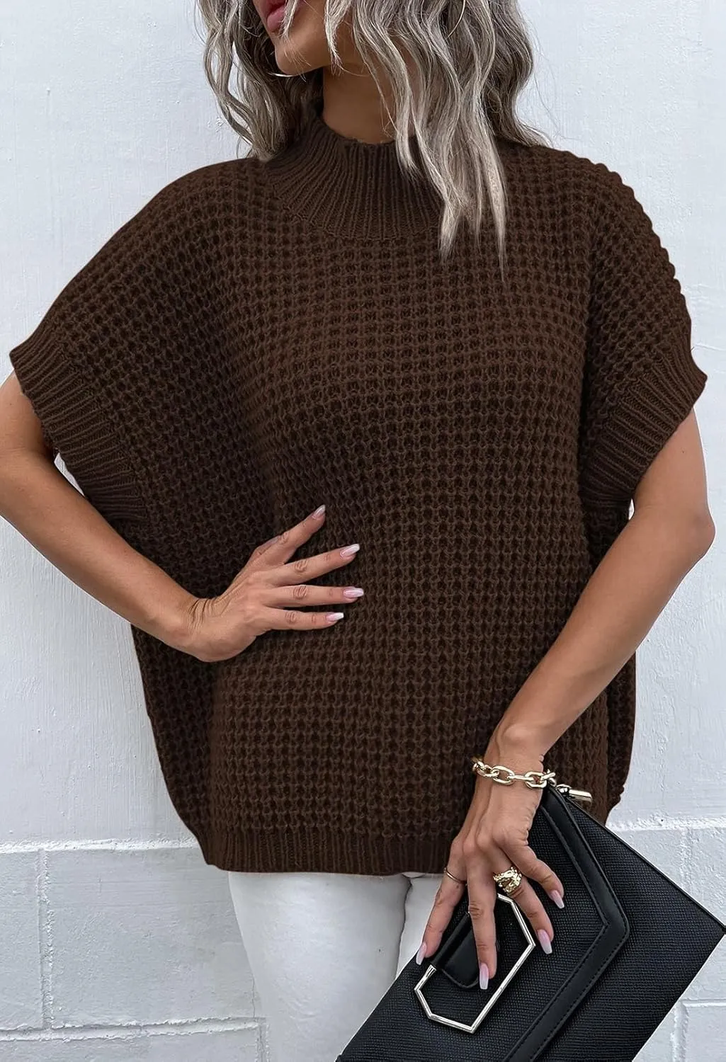 Pink Queen Women's Mock Neck Batwing Short Sleeve Loose Oversized Knit Pullover Sweater Jumper Tops
