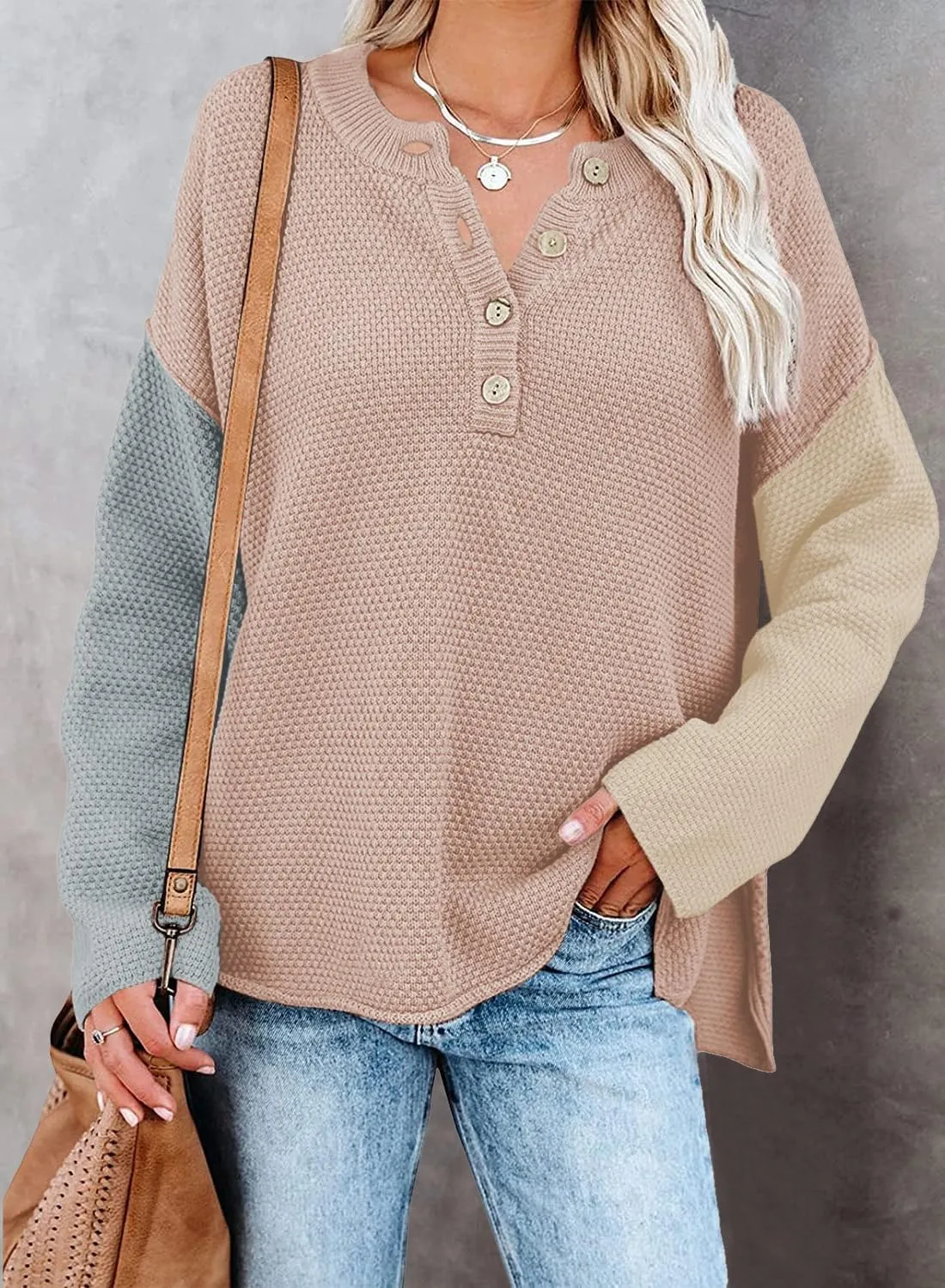 Pink Queen Women's V Neck Button Sweater Oversized Batwing Long Sleeve Henley Pullover Knit Jumper Top