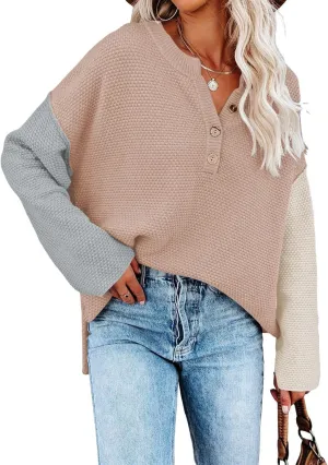 Pink Queen Women's V Neck Button Sweater Oversized Batwing Long Sleeve Henley Pullover Knit Jumper Top