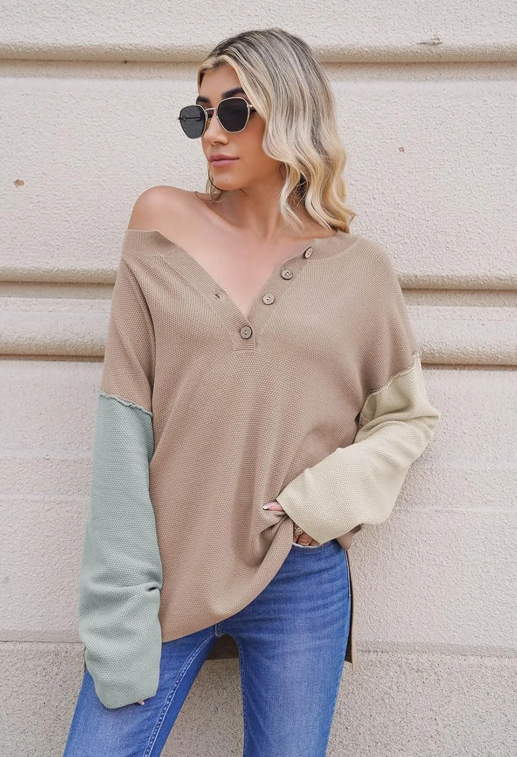 Pink Queen Women's V Neck Button Sweater Oversized Batwing Long Sleeve Henley Pullover Knit Jumper Top