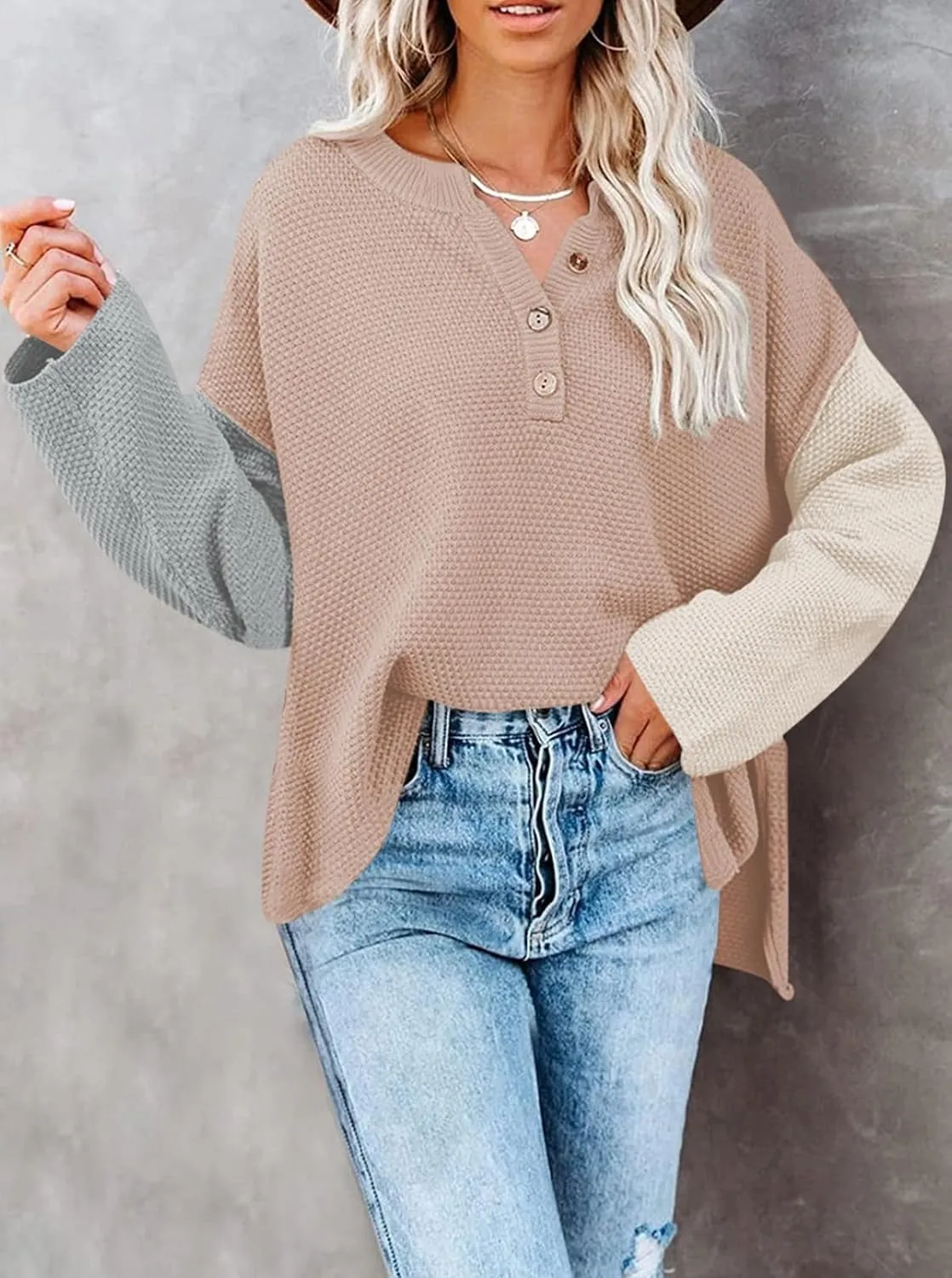 Pink Queen Women's V Neck Button Sweater Oversized Batwing Long Sleeve Henley Pullover Knit Jumper Top