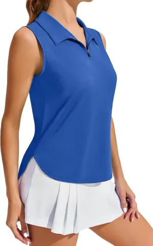 PINSPARK Women Golf Shirts Sleeveless UPF 50  Tennis Polo V-Neck Quick Dry Athletic T Shirt 1/4 Zip Collar Workout Tank Top