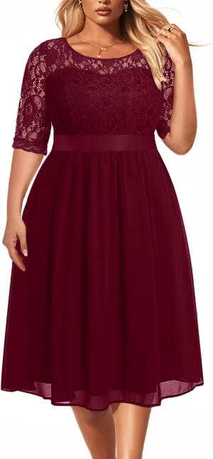 Pinup Fashion Plus Size Lace Chiffon Wedding Guest Dresses Women Cocktail Party Midi Dress