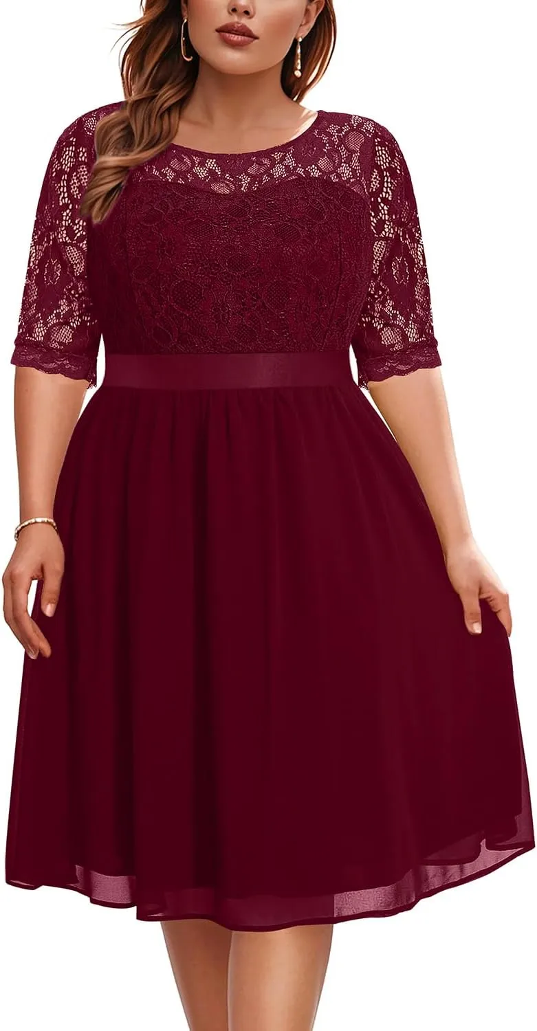 Pinup Fashion Plus Size Lace Chiffon Wedding Guest Dresses Women Cocktail Party Midi Dress