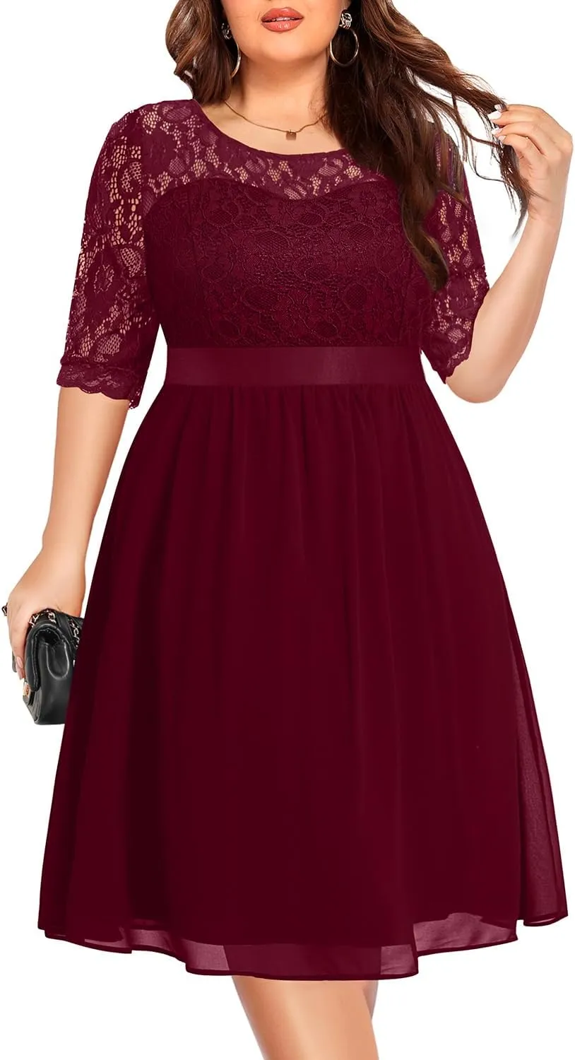 Pinup Fashion Plus Size Lace Chiffon Wedding Guest Dresses Women Cocktail Party Midi Dress