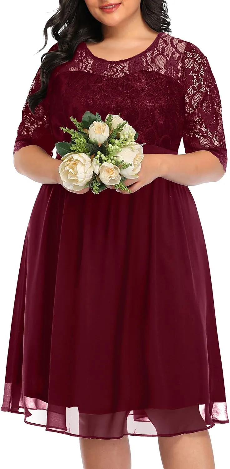Pinup Fashion Plus Size Lace Chiffon Wedding Guest Dresses Women Cocktail Party Midi Dress
