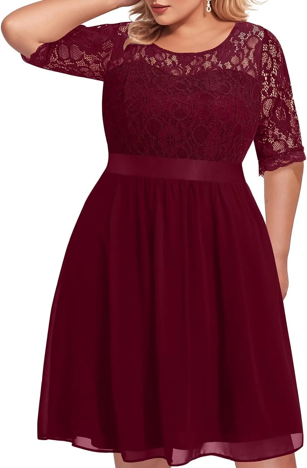 Pinup Fashion Plus Size Lace Chiffon Wedding Guest Dresses Women Cocktail Party Midi Dress