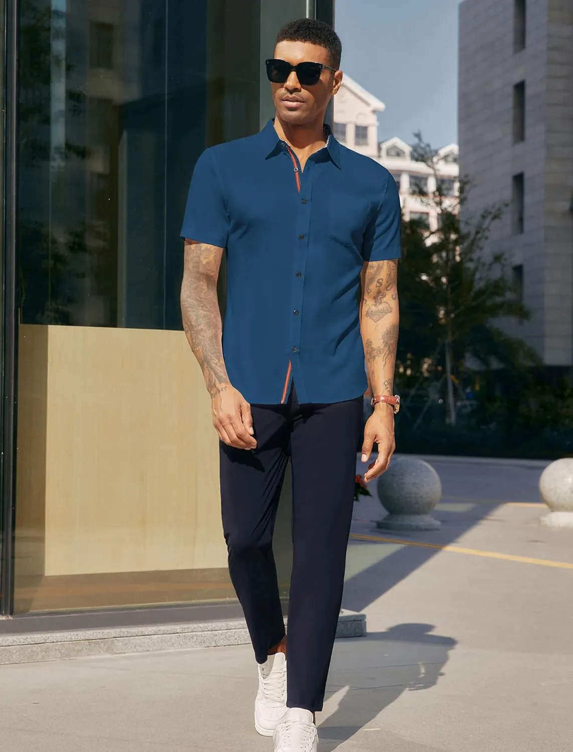 PJ PAUL JONES Mens Button Down Short Sleeve Shirt Casual Wrinkle Free Dress Shirt Summer Shirts with Pocket