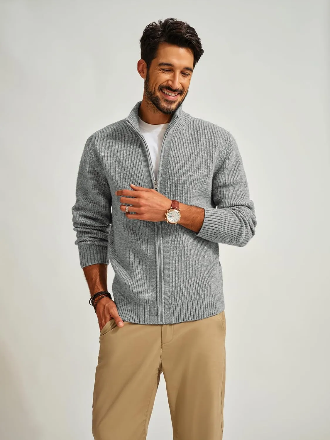 PJ PAUL JONES Mens Full Zip Cardigan Sweater Casual Ribbed Knitted Sweater for Men